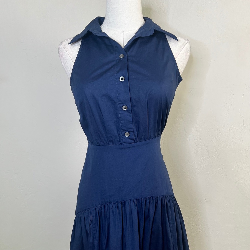 STAUD Romy Dress Navy Blue Sleeveless Cotton Poplin Drop Waist Maxi Size 00 - Picture 2 of 10